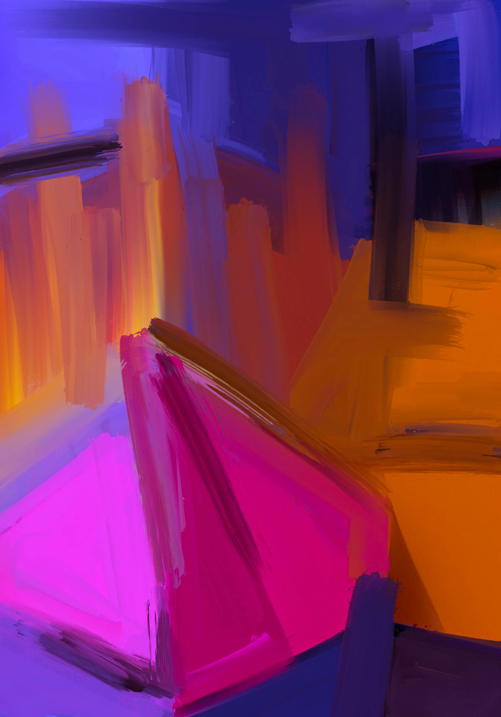 Expressive blue and orange brushstroke painting