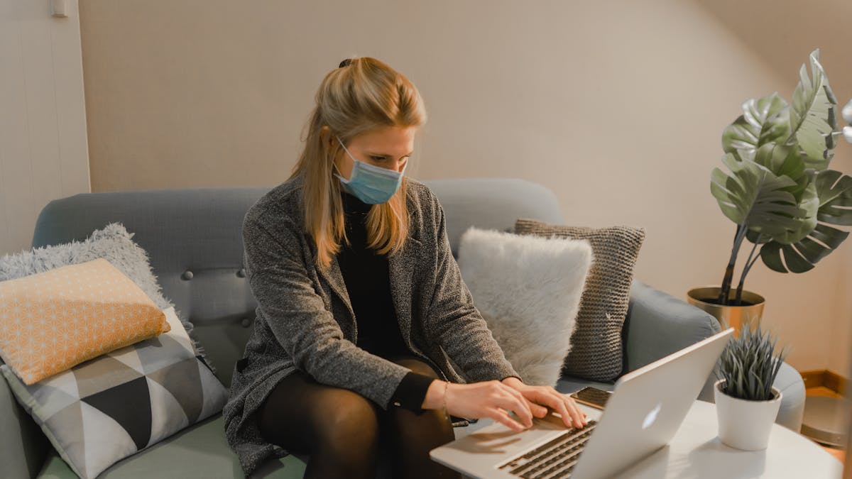 Woman working home laptop remote