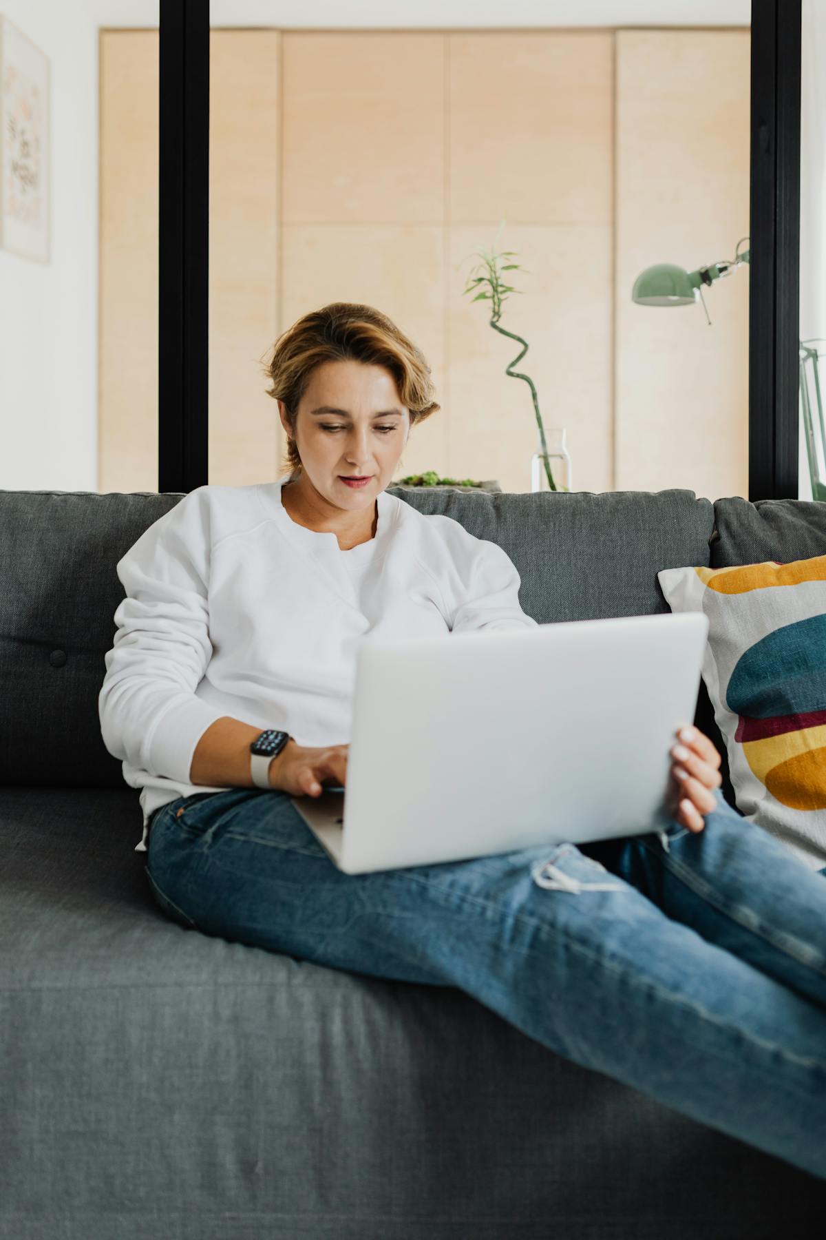 Woman working home laptop remote