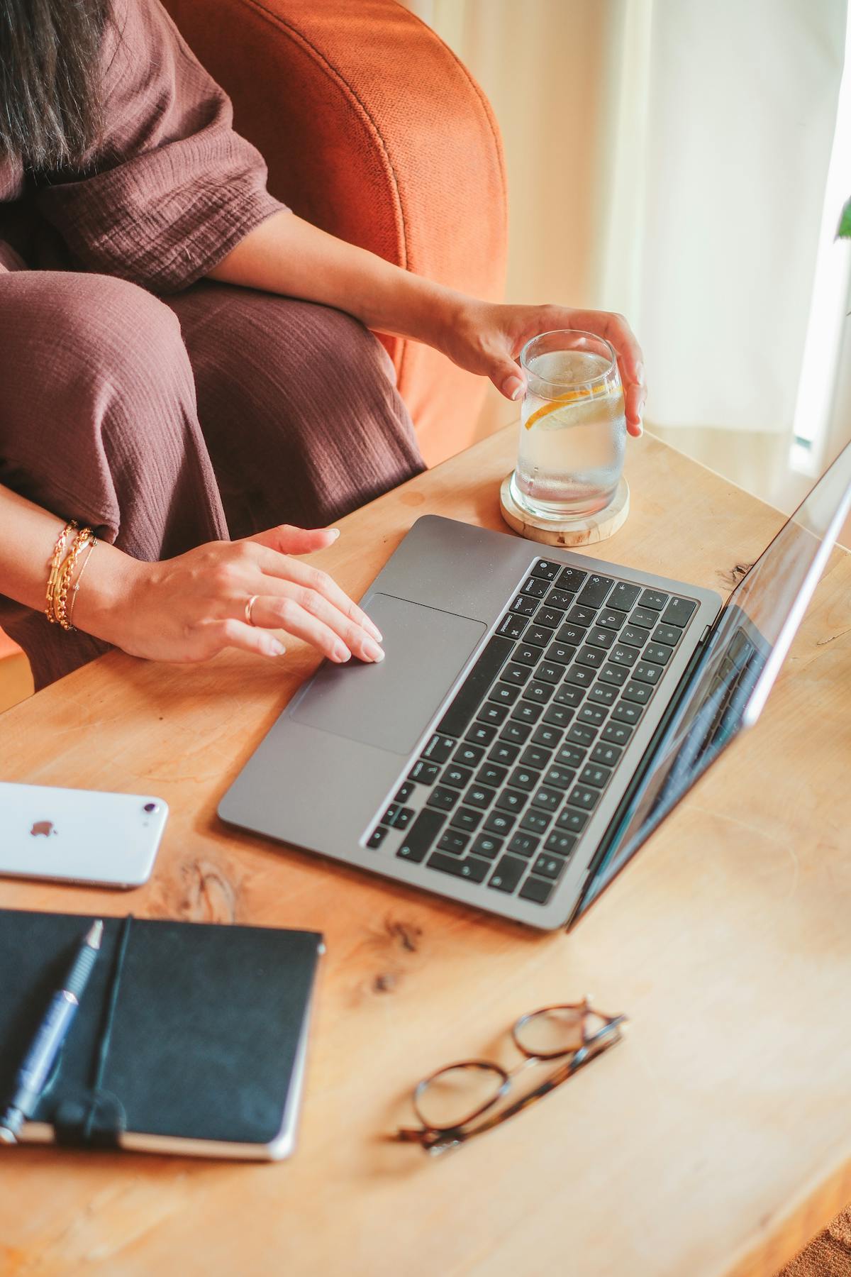 Woman working home laptop remote