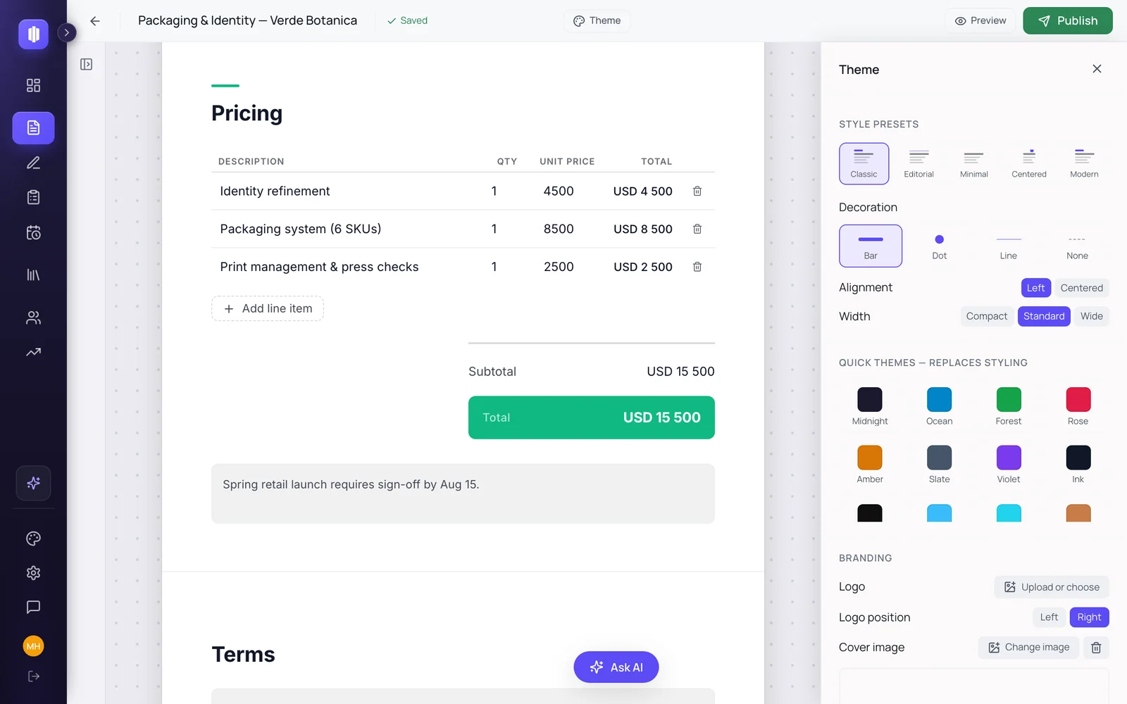 Themes and brand, applied live to the page.
