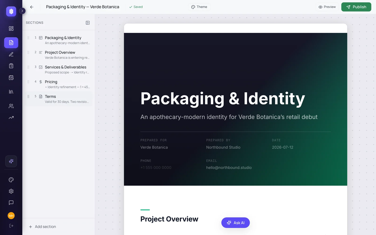 Drag a section anywhere. The document reflows.